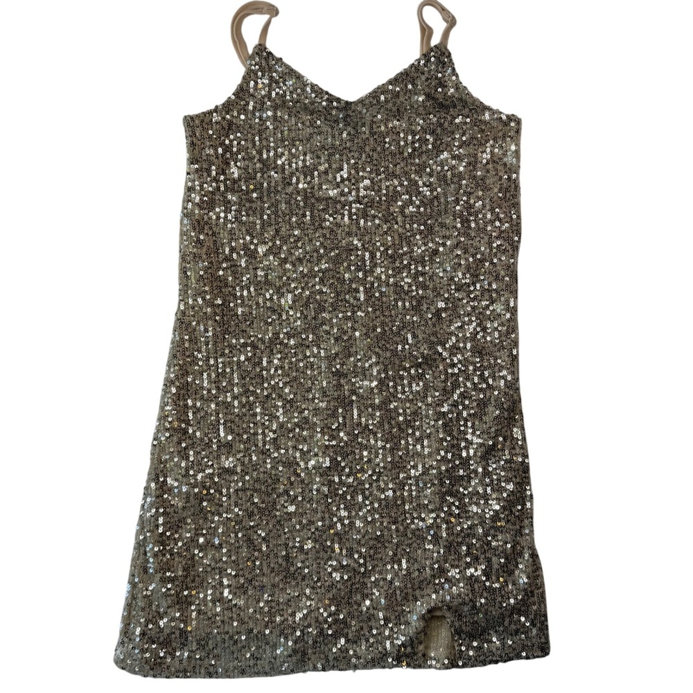 Art Class Kids Gold Sequin‎ Mini Dress Adjustable Straps Size M 8 Shift Slit